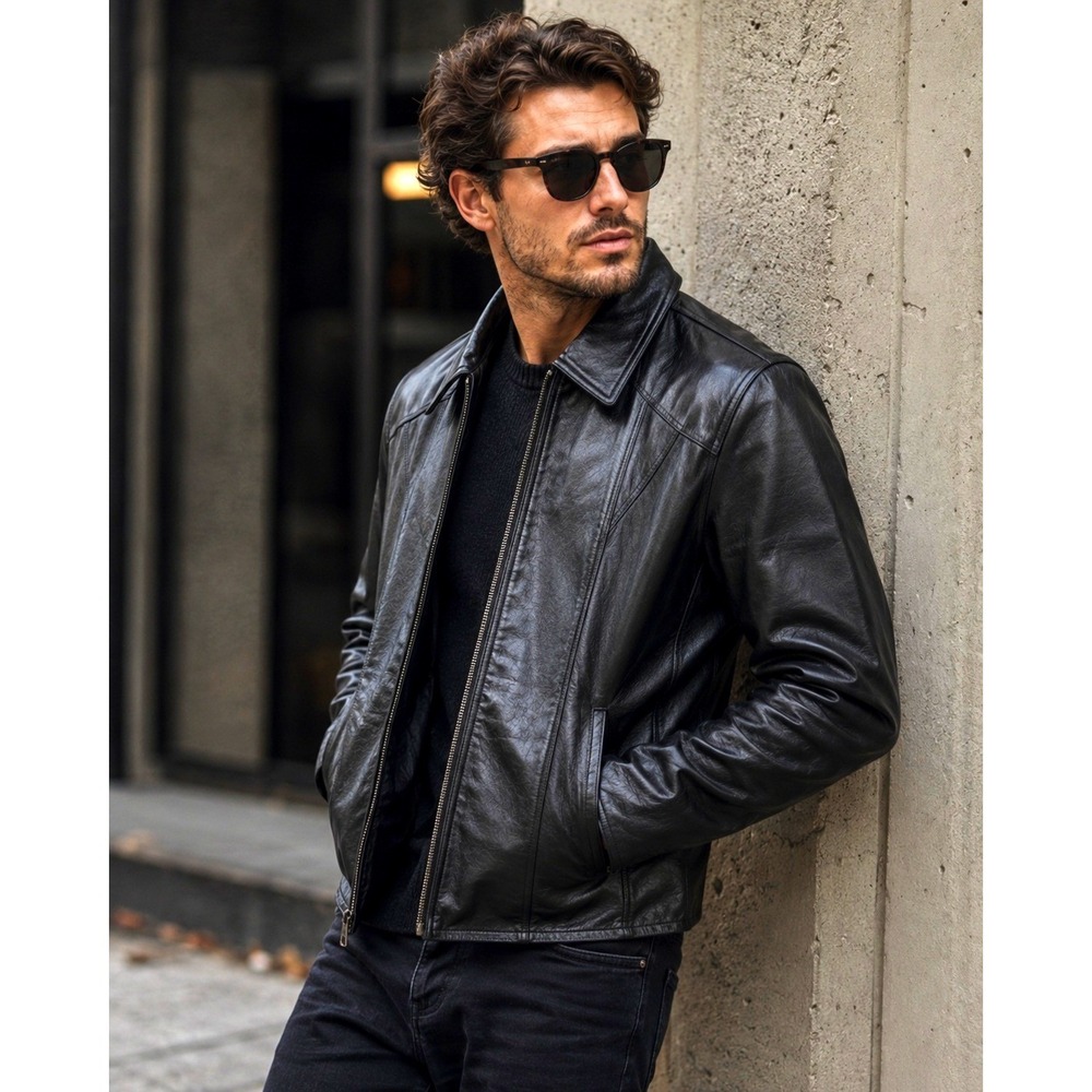 Oakwood Classic Mens Black Leather Jacket Full Zip Size XL Genuine Leather